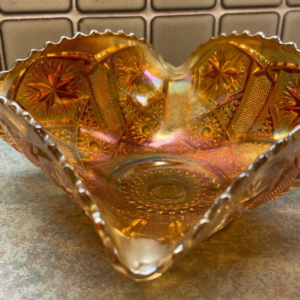 Vintage Imperial Glass Marigold Carnival‎ Glass Star & File Square Bowl